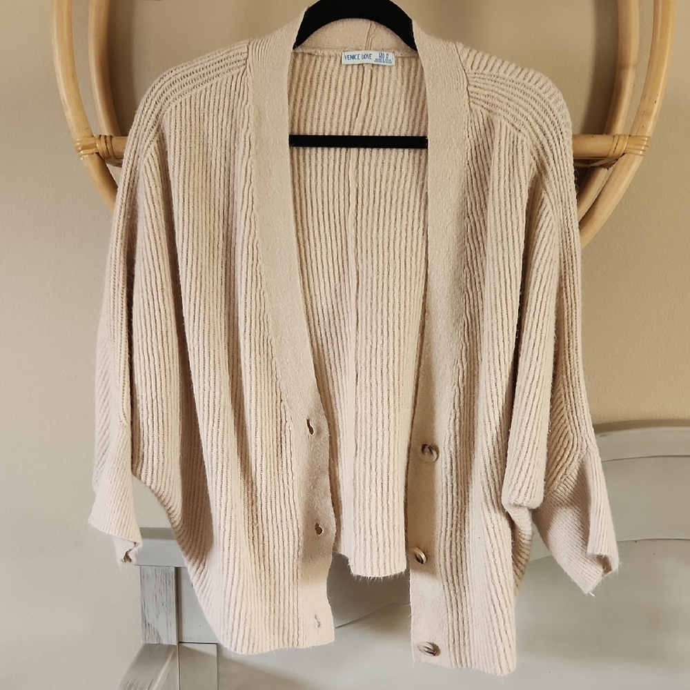 Tan Cardigan Sweater with Chunky Knit and Open Front